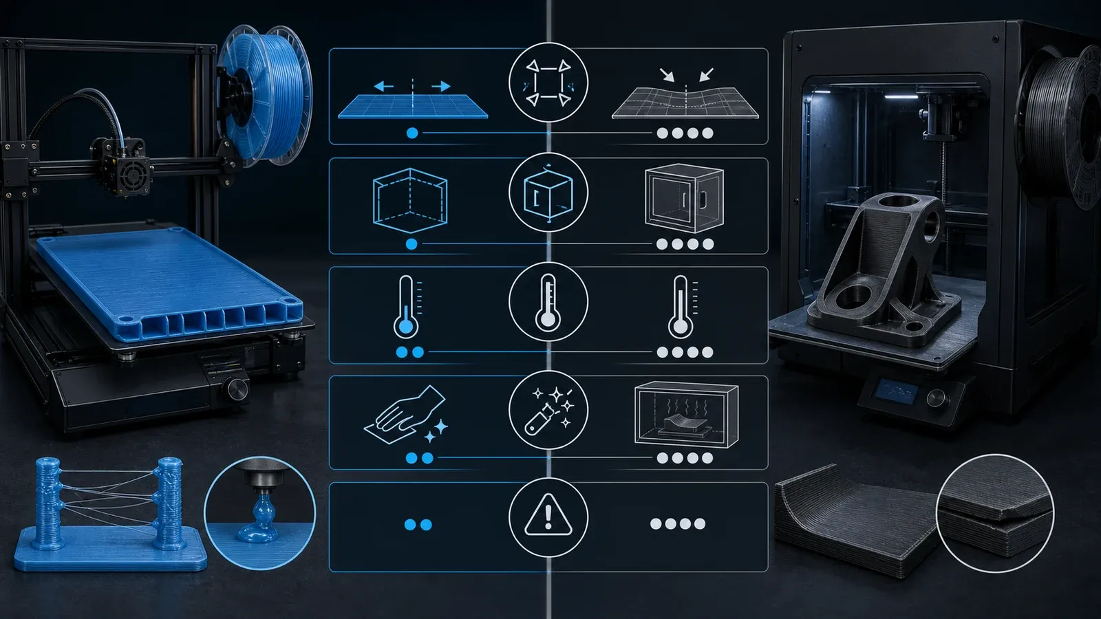Візуальне порівняння PETG та ABS+ за усадкою, вимогами до камери, теплостійкістю, постобробкою та типовими дефектами