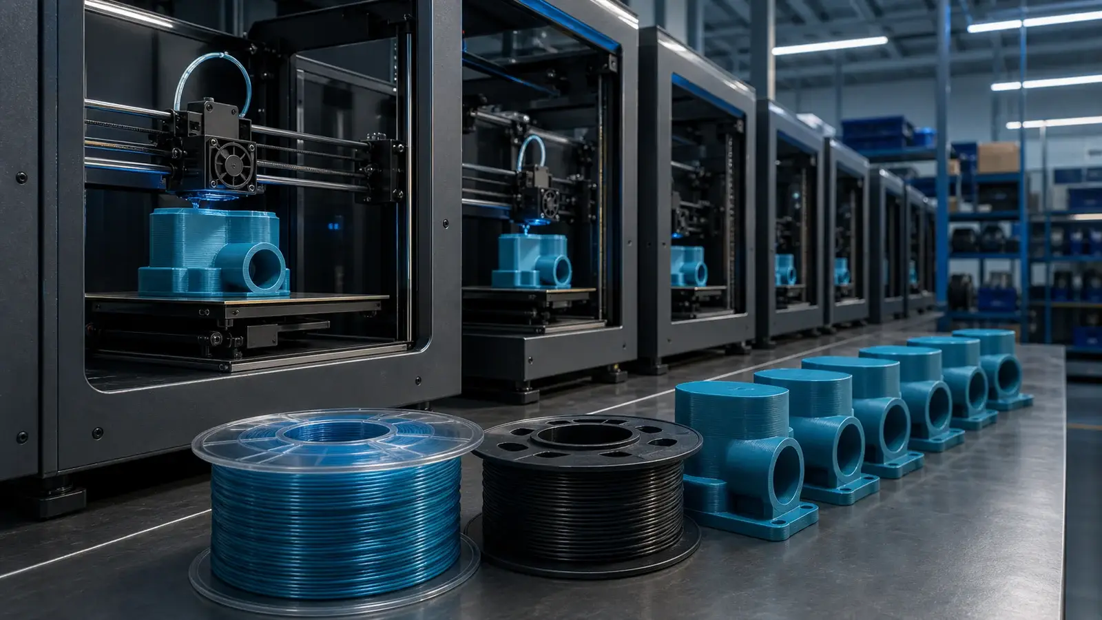 Друк-ферма серійно виготовляє однакові PETG-деталі поруч із котушками синього та чорного філаменту
