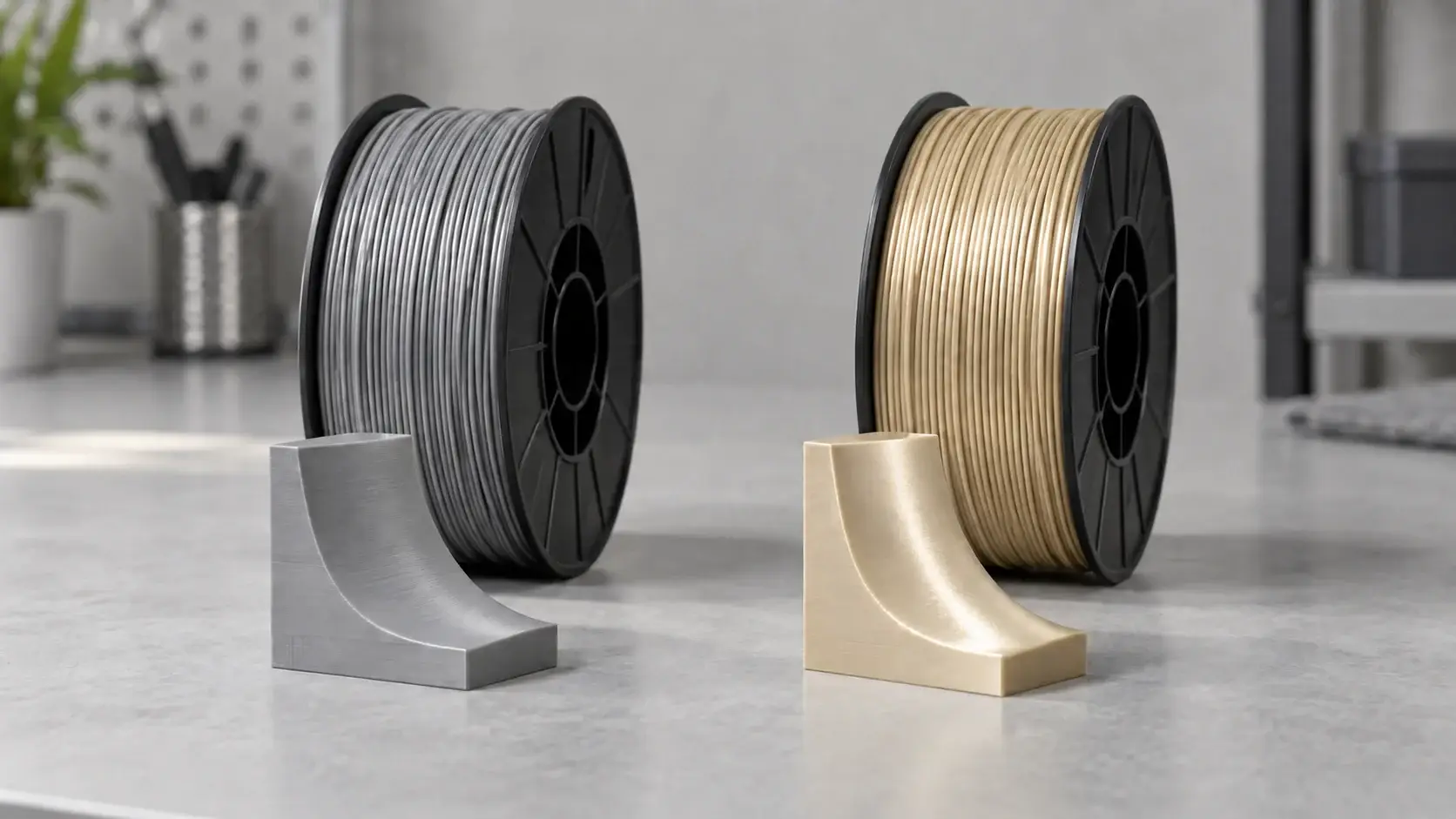 Concept illustration: grey PLA and gold-colored PLA Silk spools beside printed samples of the same shape