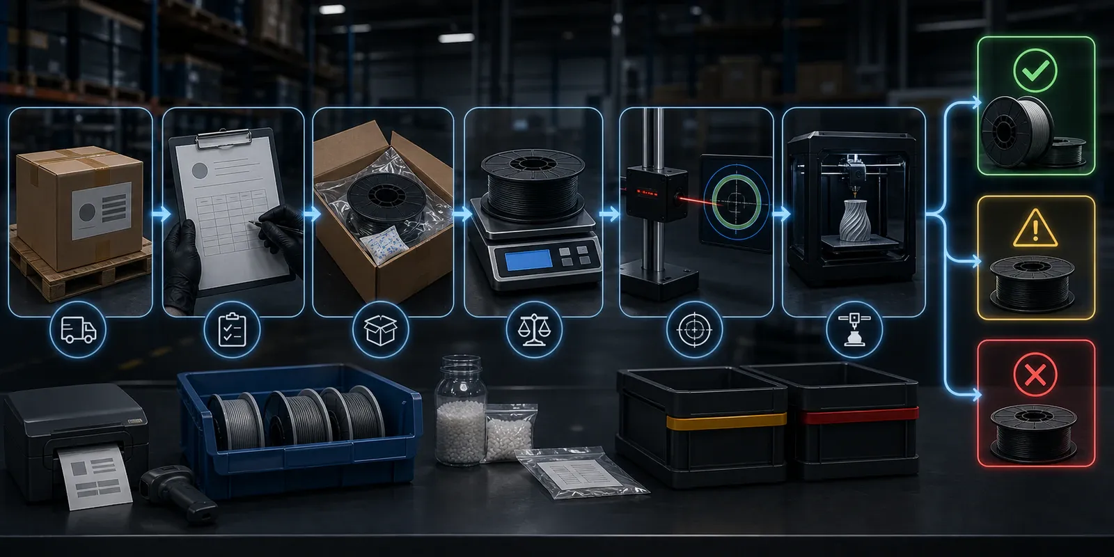 Prozess der Wareneingangskontrolle einer Filamentcharge in der Produktion