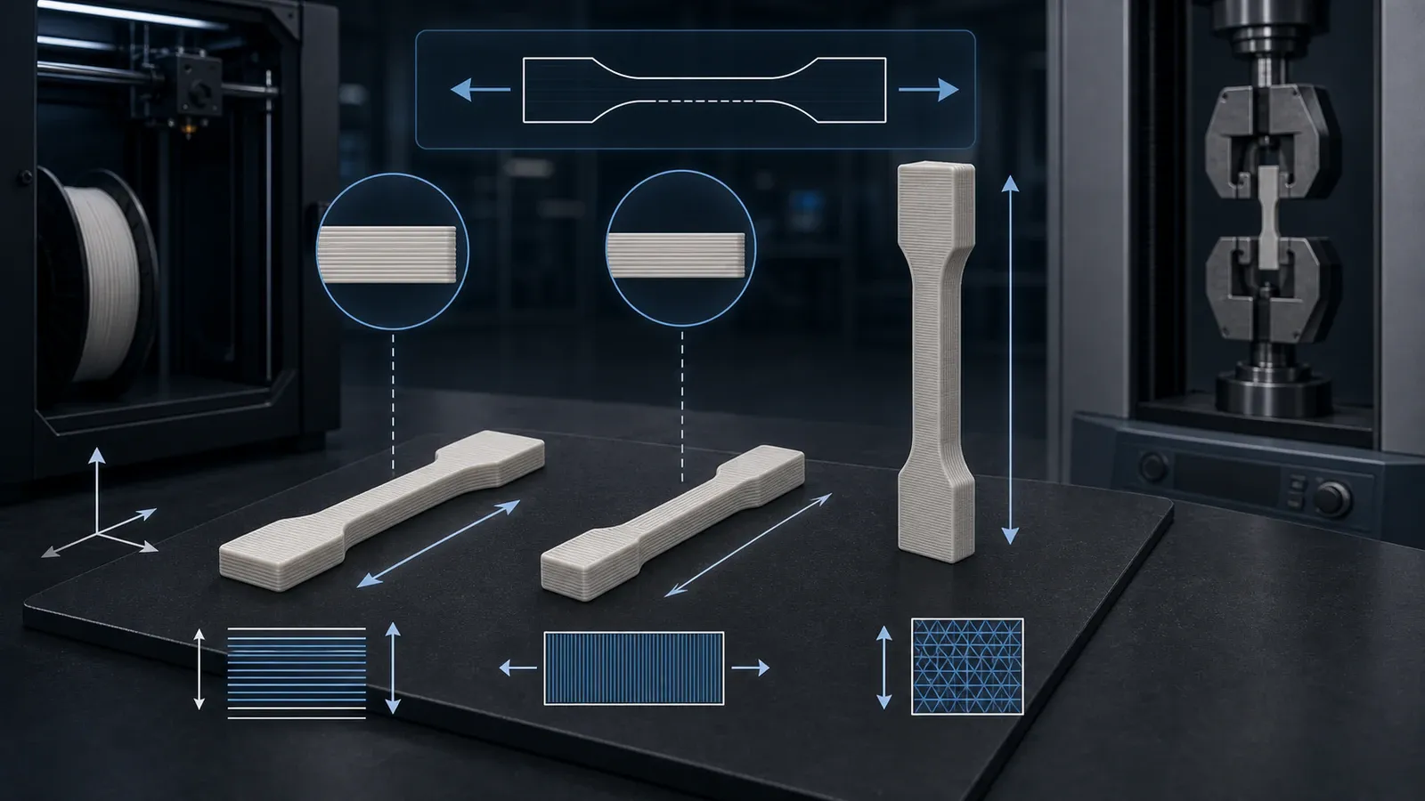 Orientierung gedruckter FFF-Prüfkörper zum Vergleich mechanischer Eigenschaften
